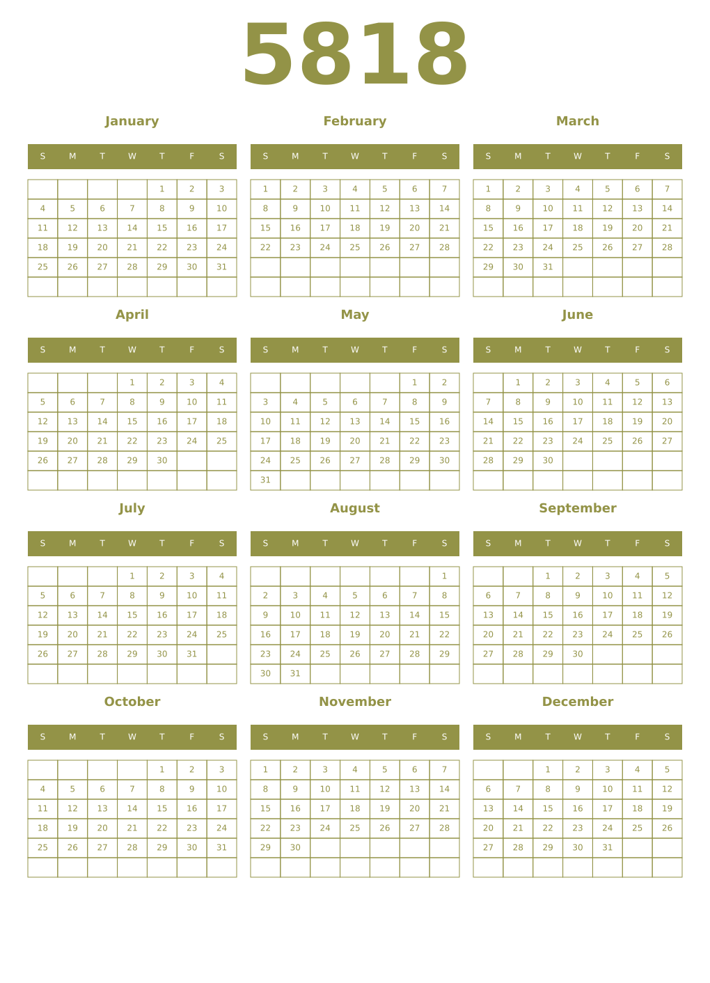 Printable 5818 Year Calendars eburnean