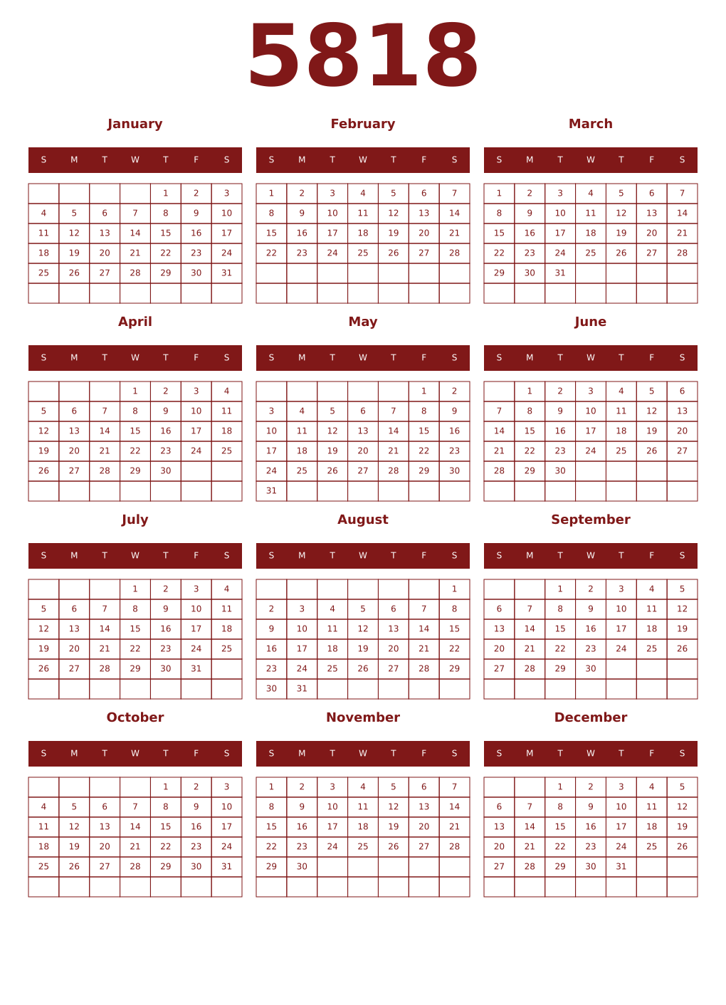 Printable 5818 Year Calendars falu