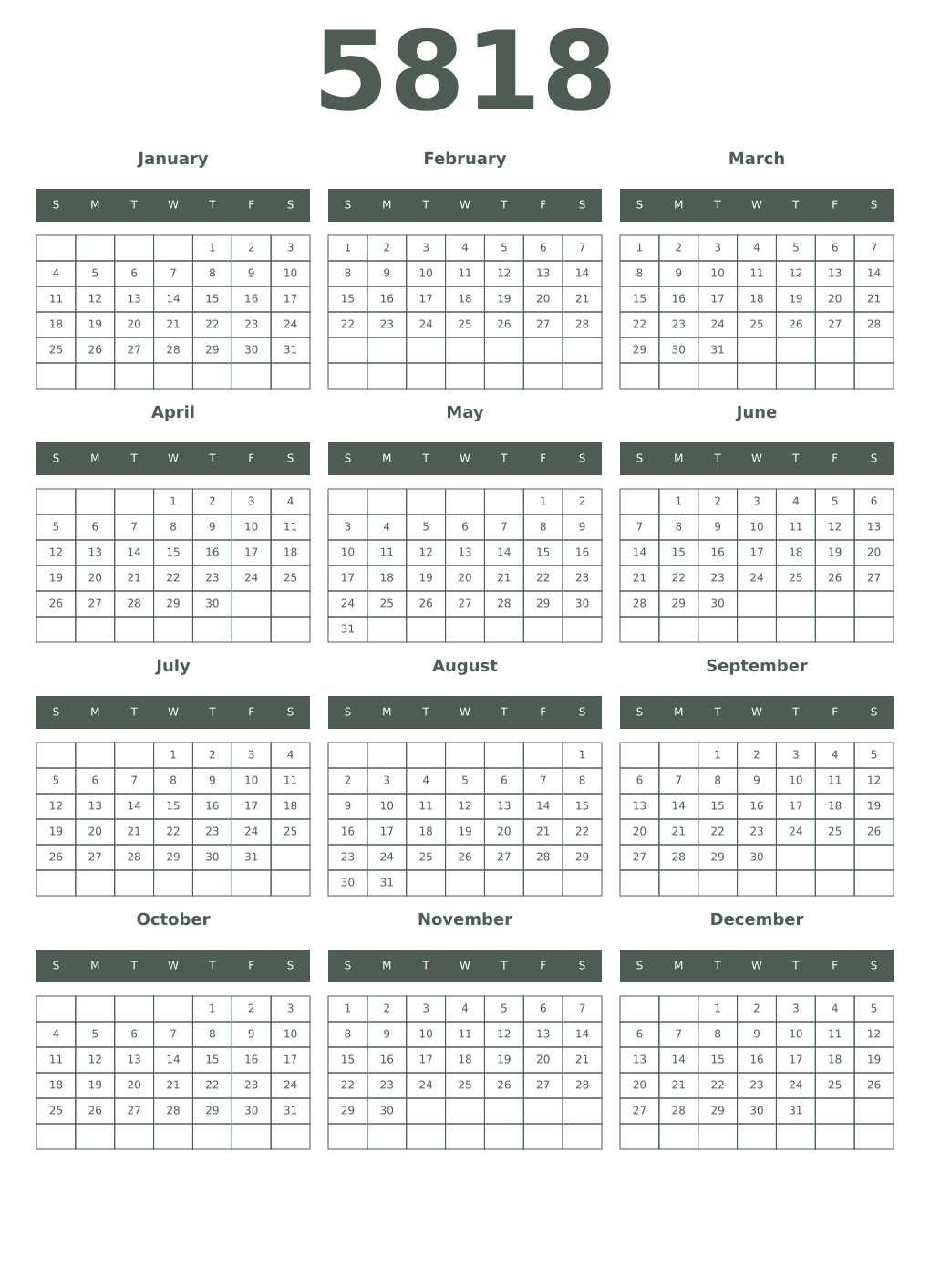 Printable 5818 Year Calendars feldgrau