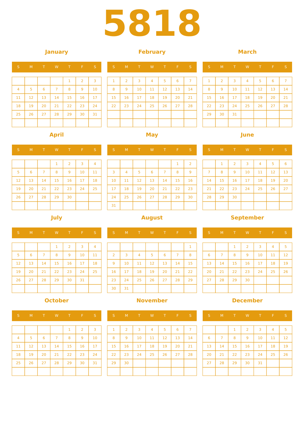 Printable 5818 Year Calendars gamboge