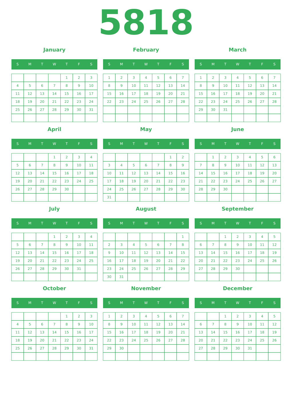Printable 5818 Year Calendars green