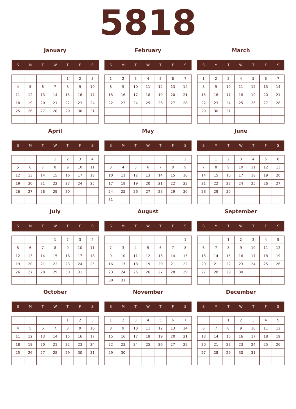 Printable 5818 Year Calendars mortuum