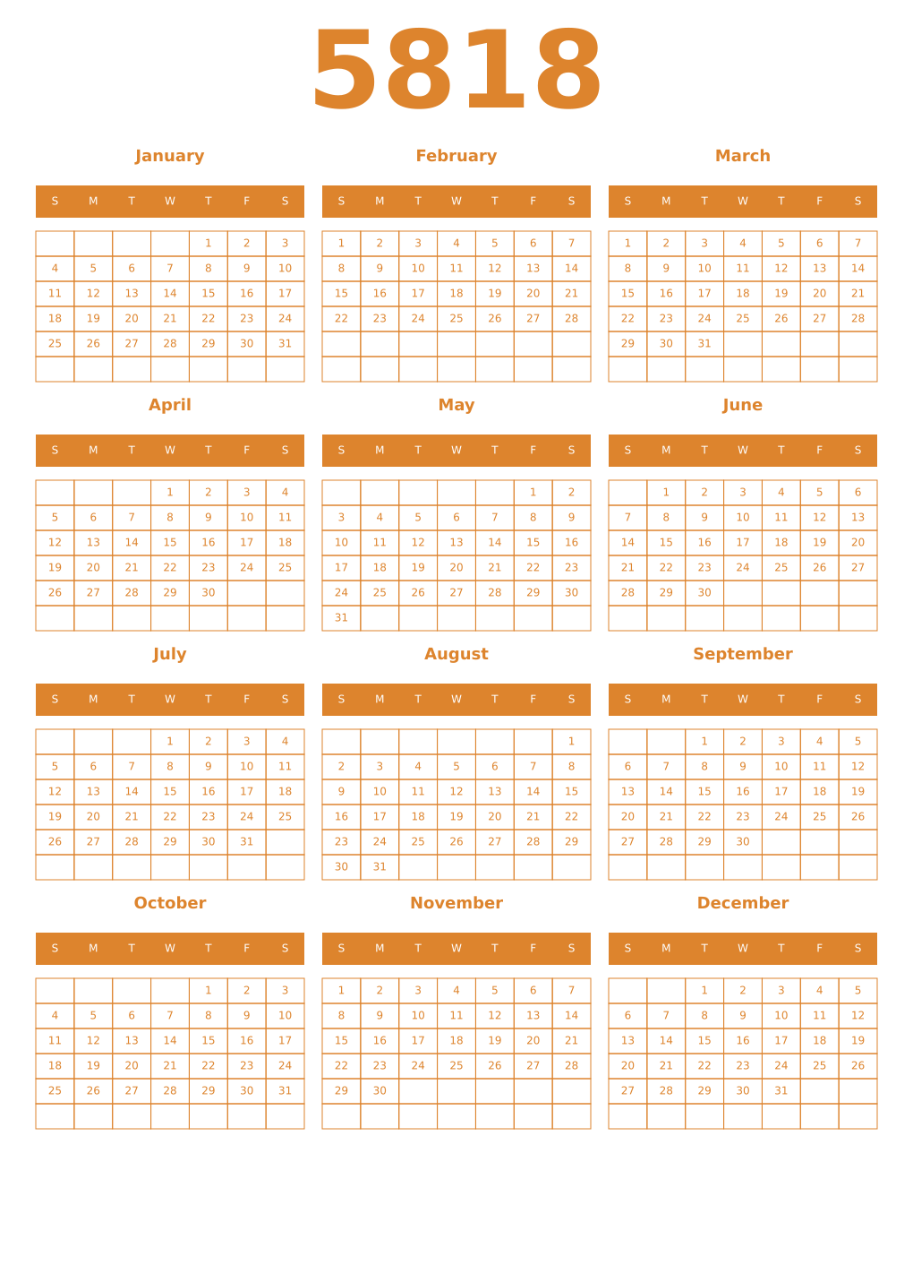 Printable 5818 Year Calendars orange