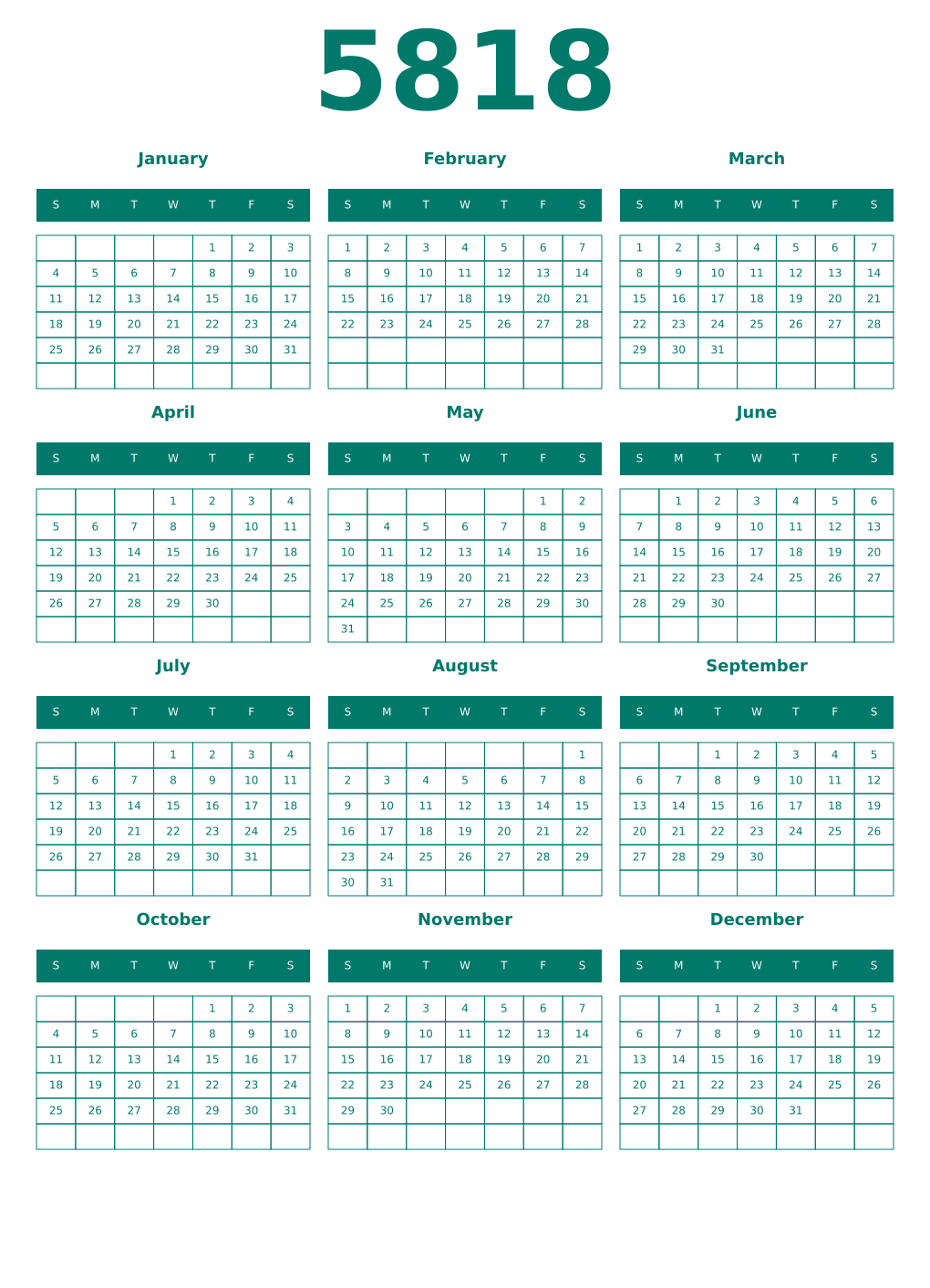 Printable 5818 Year Calendars pastel