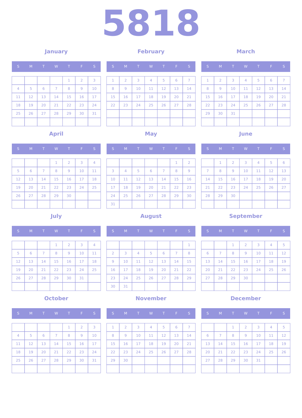 Printable 5818 Year Calendars periwinkle