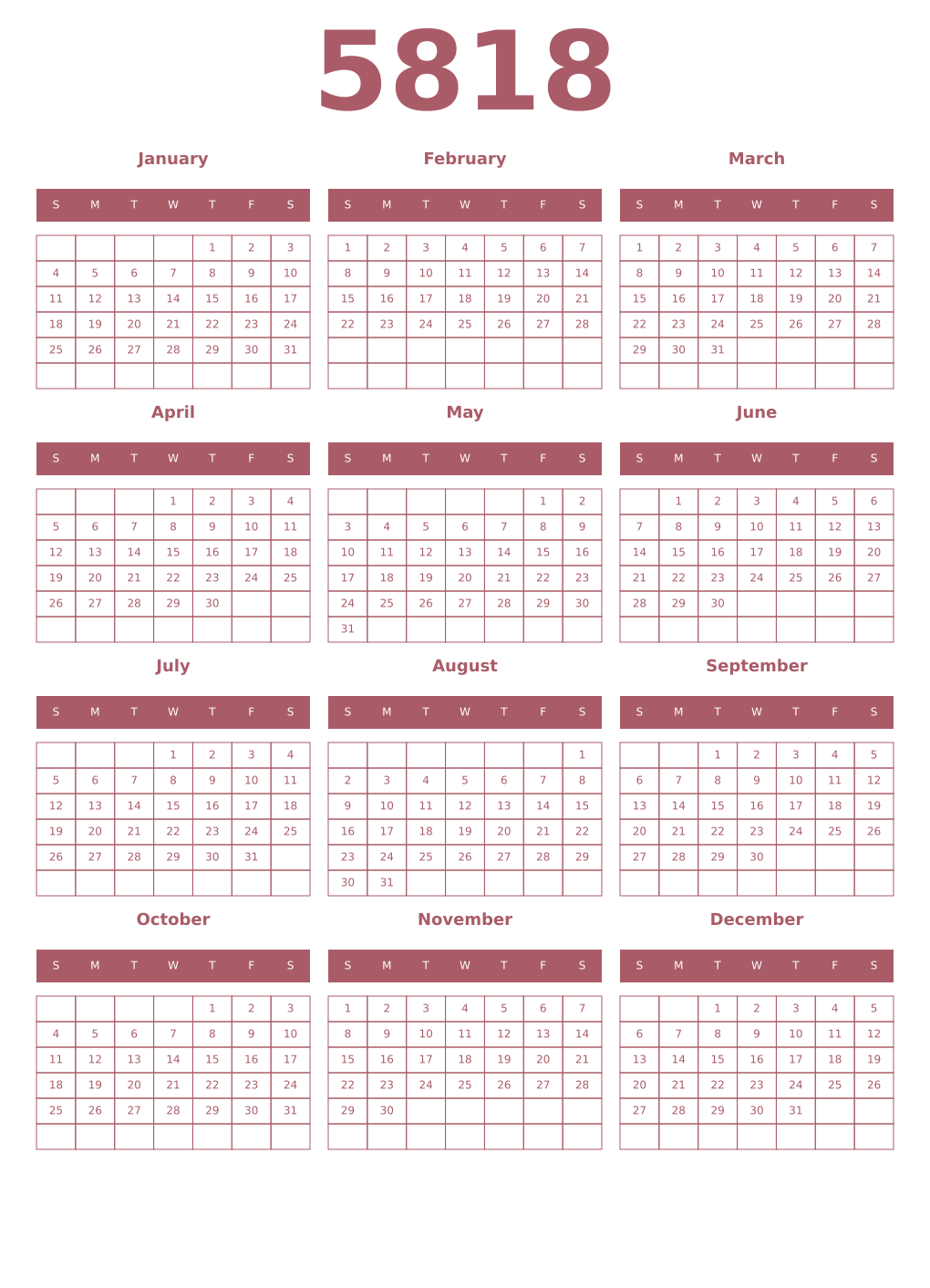 Printable 5818 Year Calendars puce