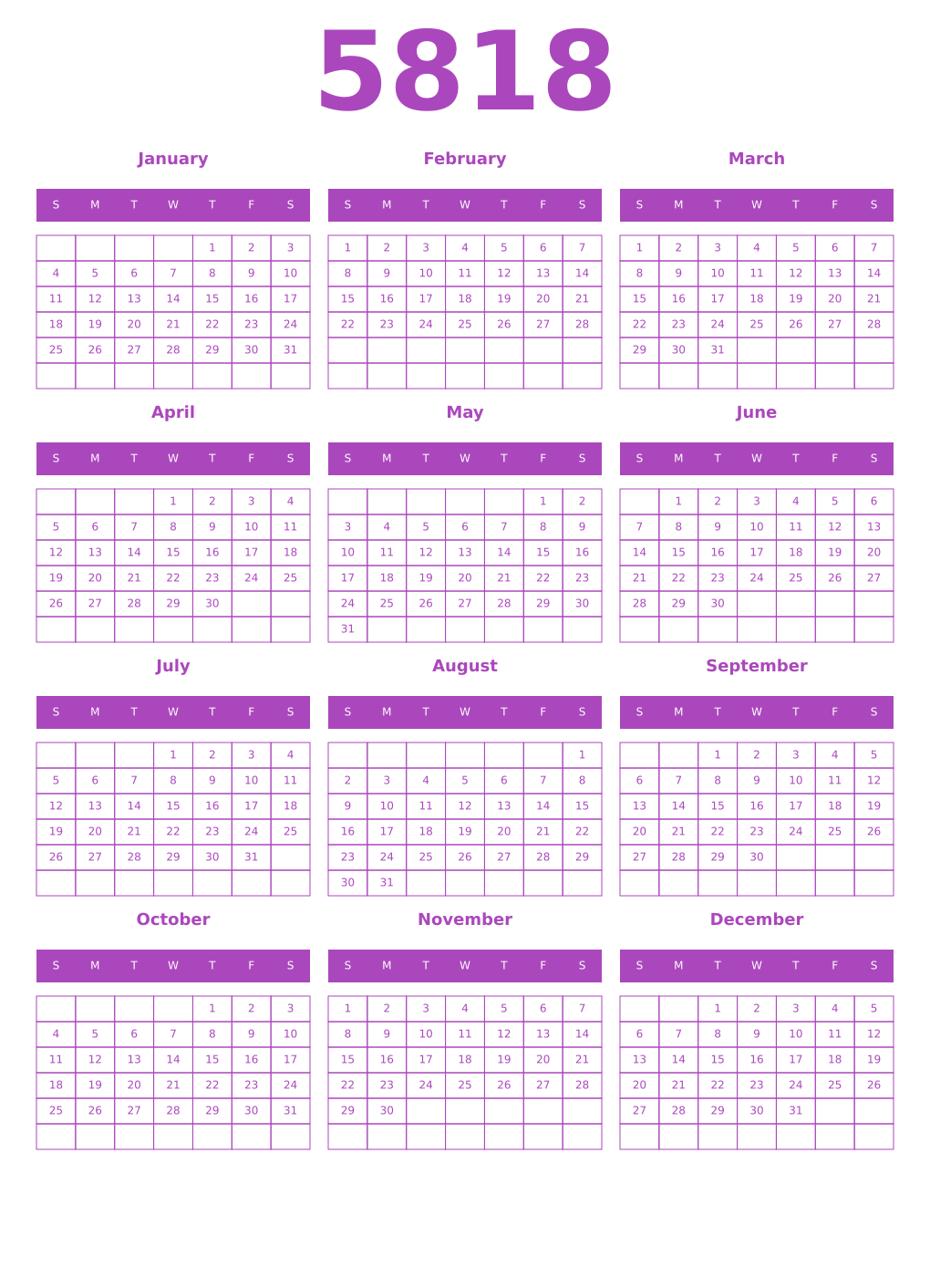 Printable 5818 Year Calendars purple
