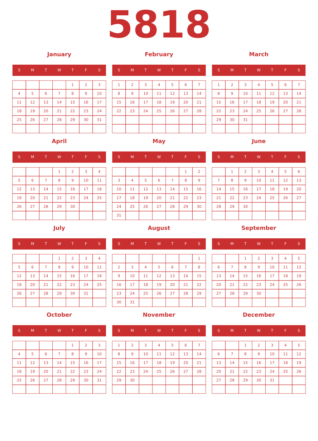 Printable 5818 Year Calendars red