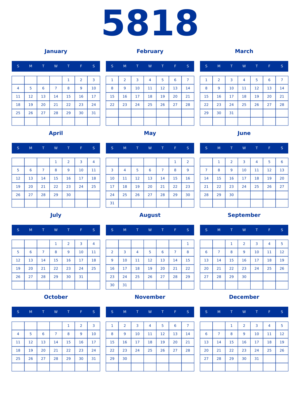 Printable 5818 Year Calendars smalt