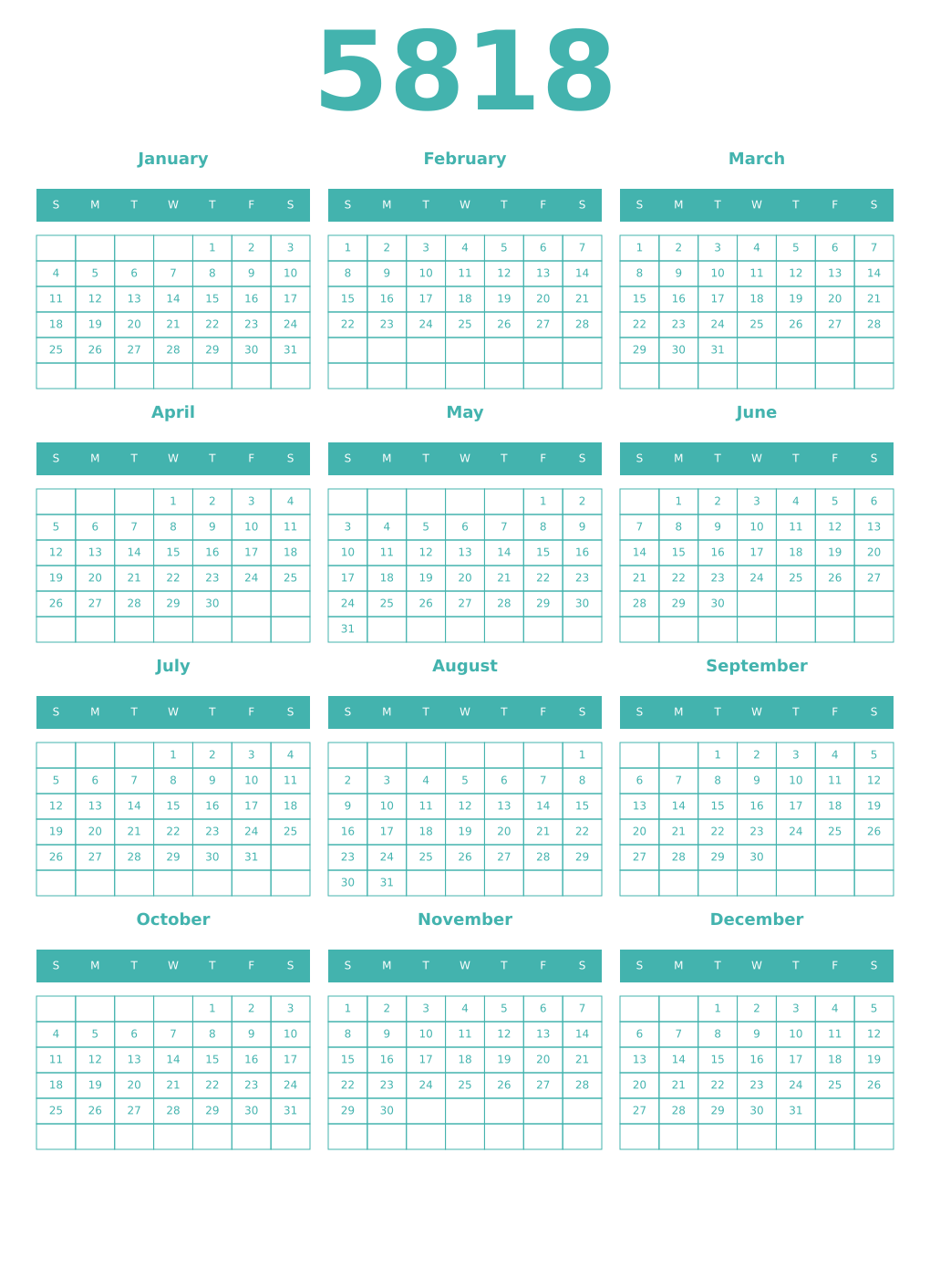Printable 5818 Year Calendars verdigris