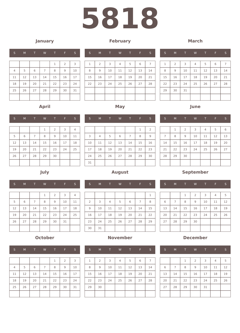Printable 5818 Year Calendars wenge