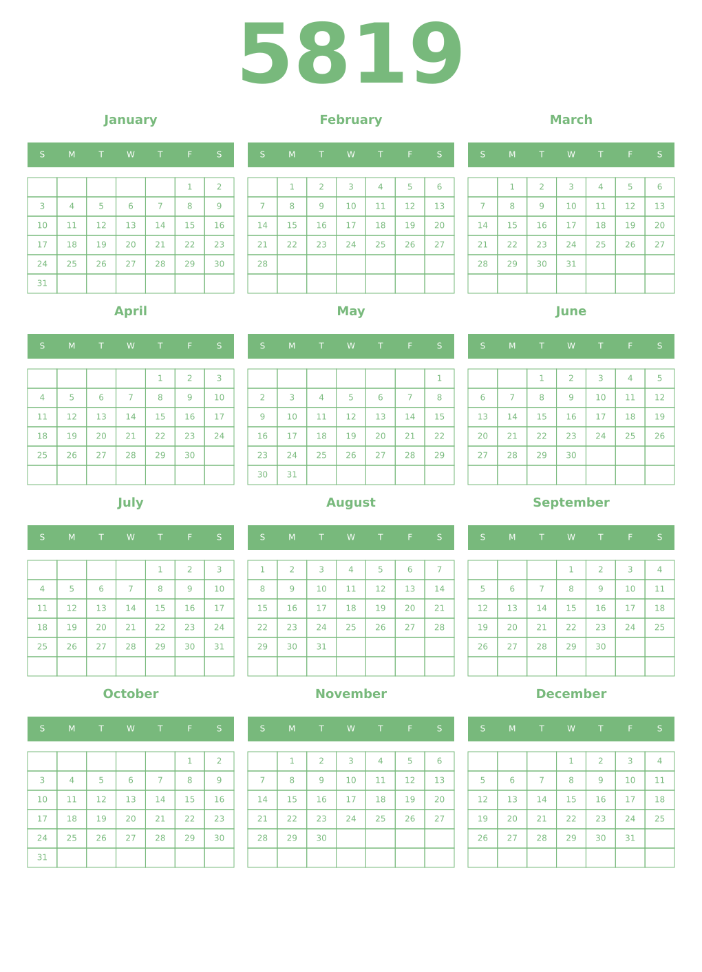 Printable 5819 Year Calendars celadon