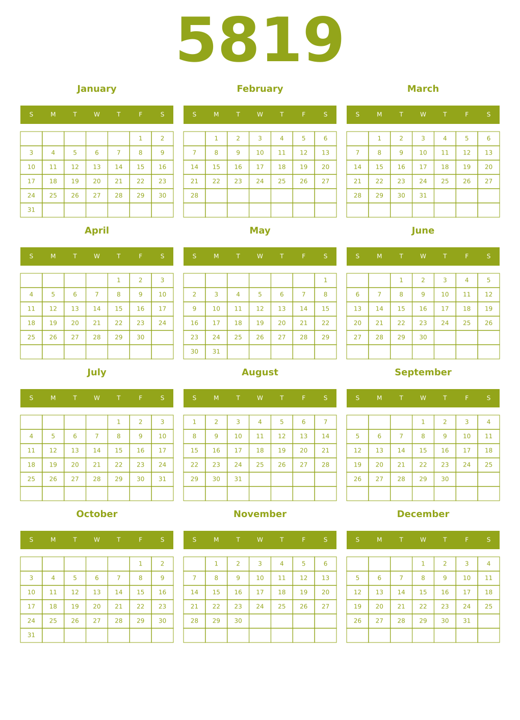 Printable 5819 Year Calendars chartreuse