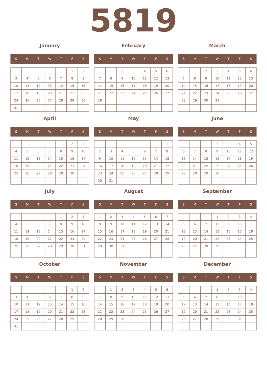 Printable 5819 Year Calendars coffe