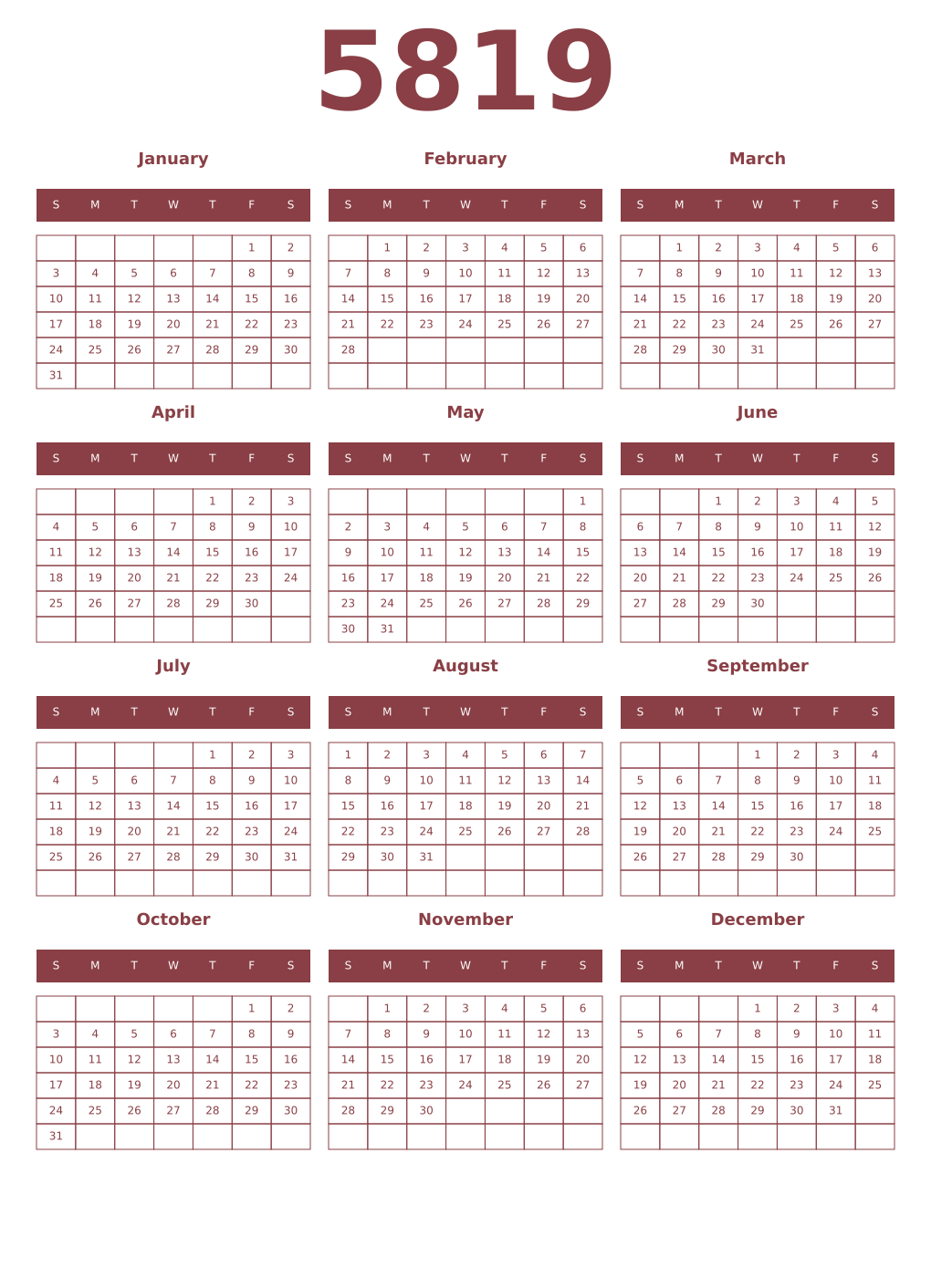 Printable 5819 Year Calendars cordovan