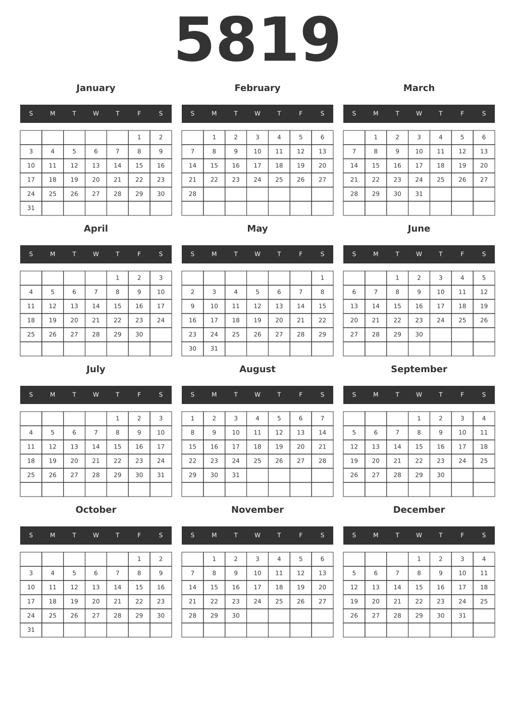 Printable 5819 Year Calendars dark