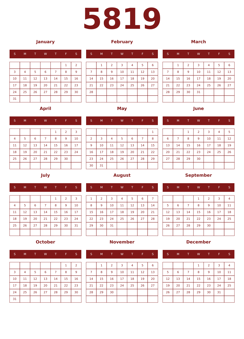 Printable 5819 Year Calendars falu