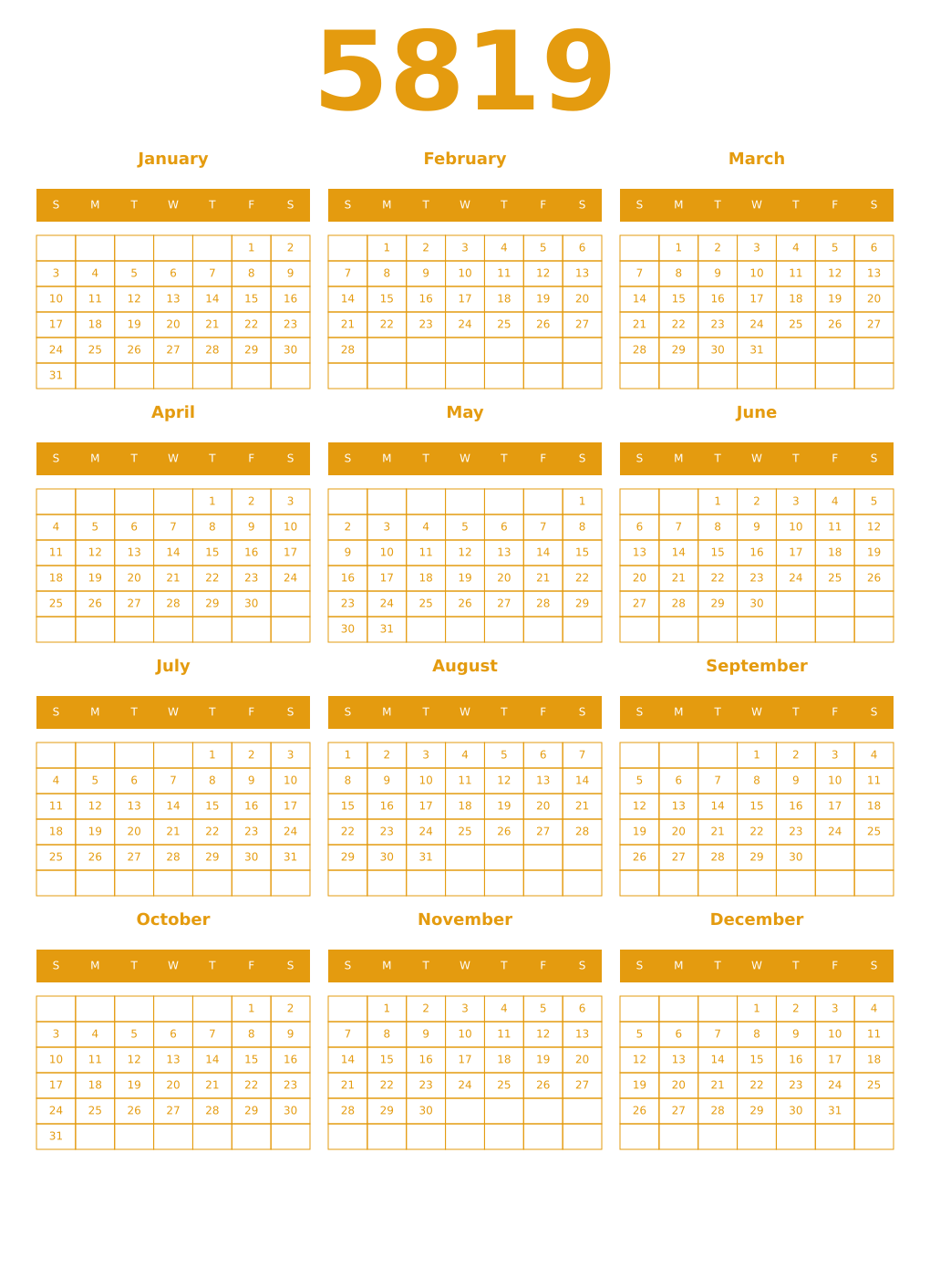 Printable 5819 Year Calendars gamboge