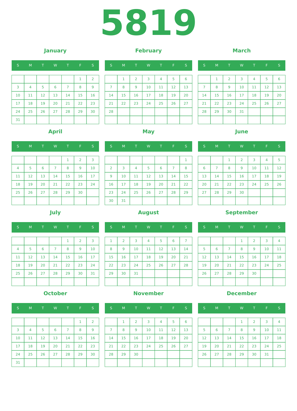 Printable 5819 Year Calendars green