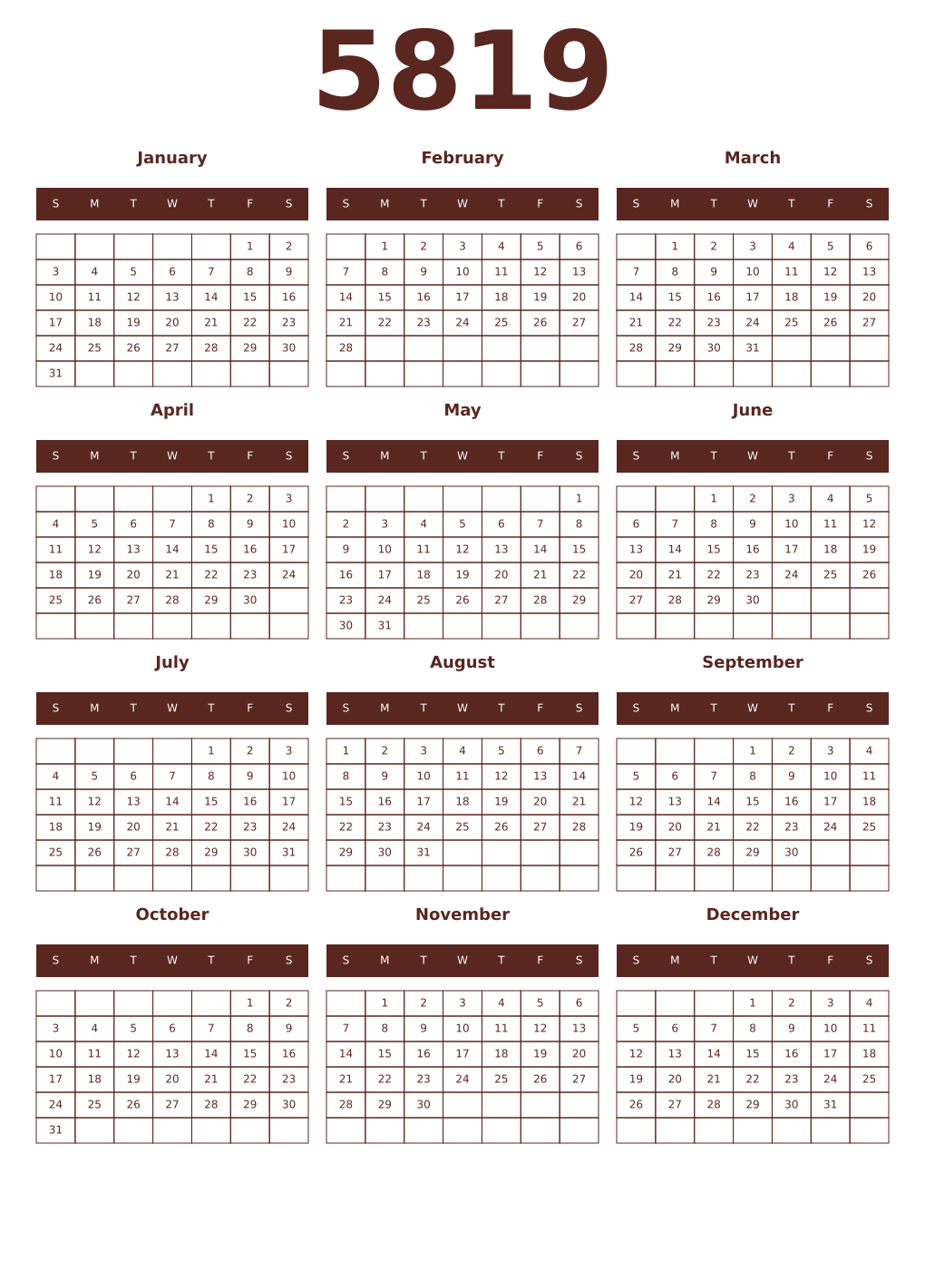 Printable 5819 Year Calendars mortuum