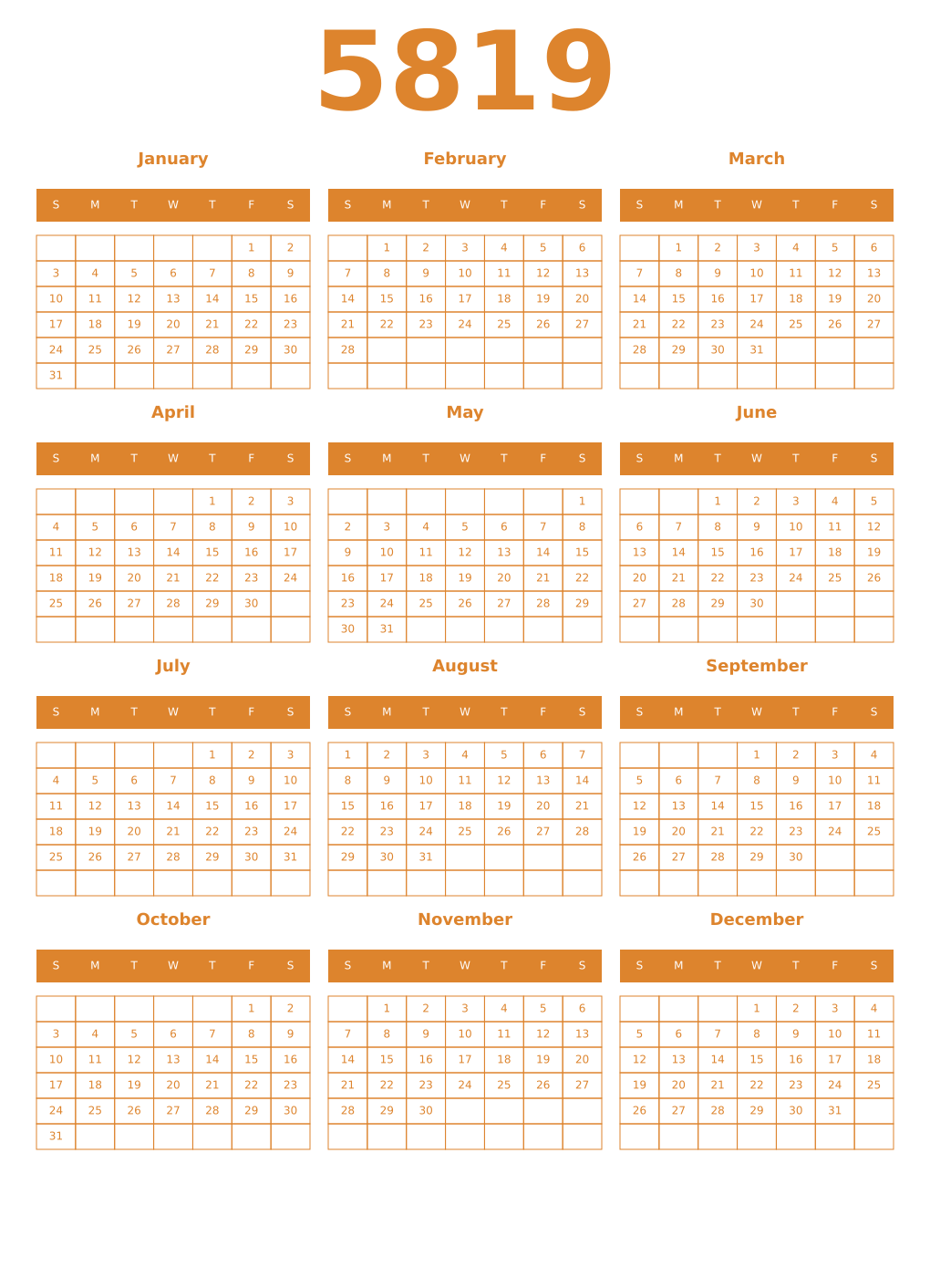 Printable 5819 Year Calendars orange