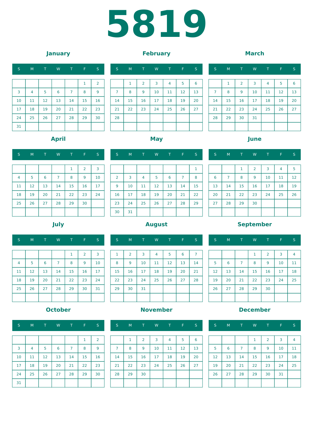 Printable 5819 Year Calendars pastel