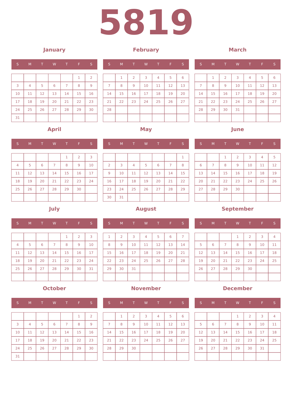 Printable 5819 Year Calendars puce