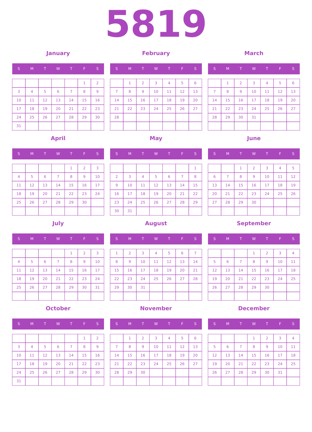 Printable 5819 Year Calendars purple