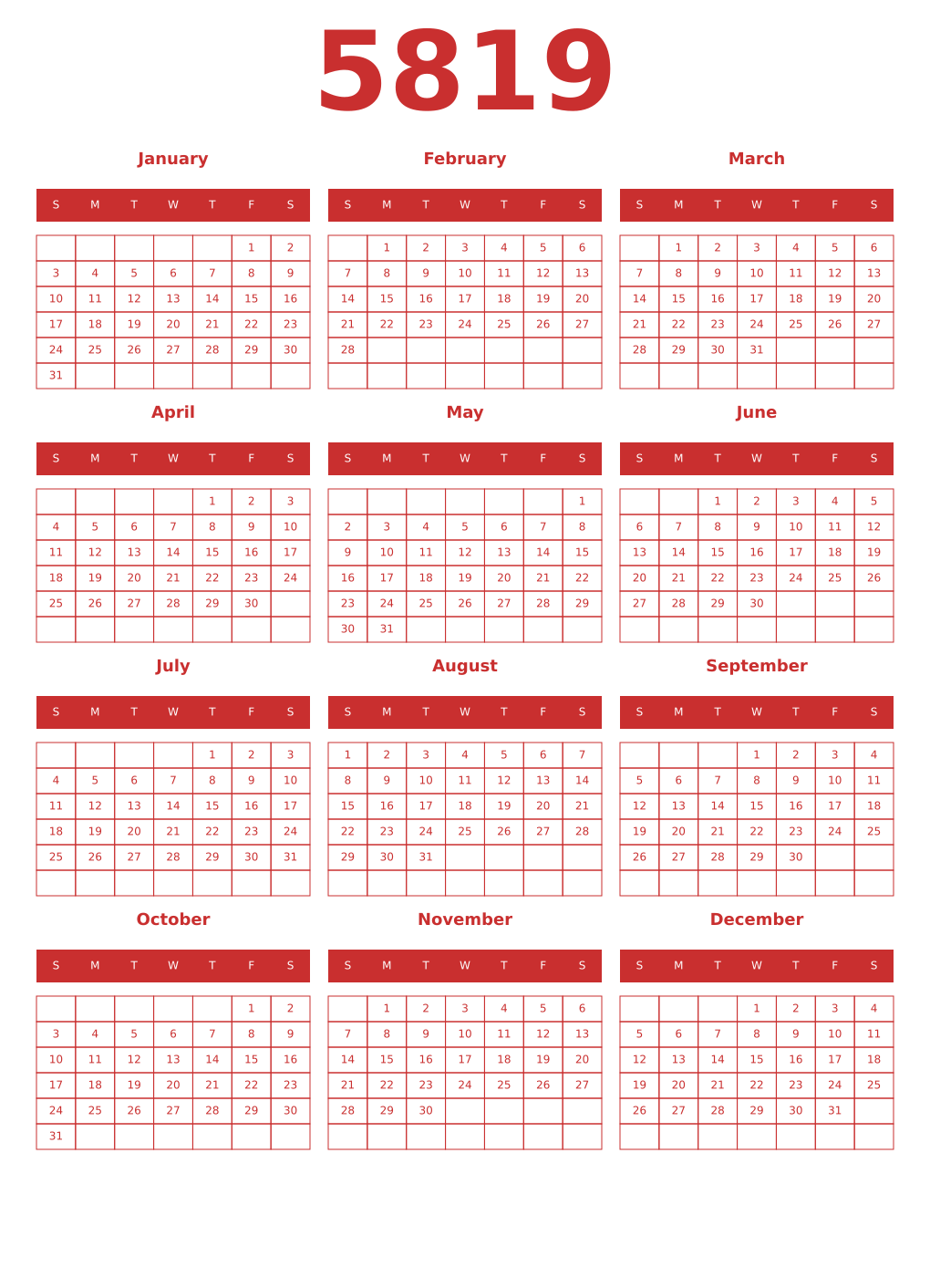 Printable 5819 Year Calendars red