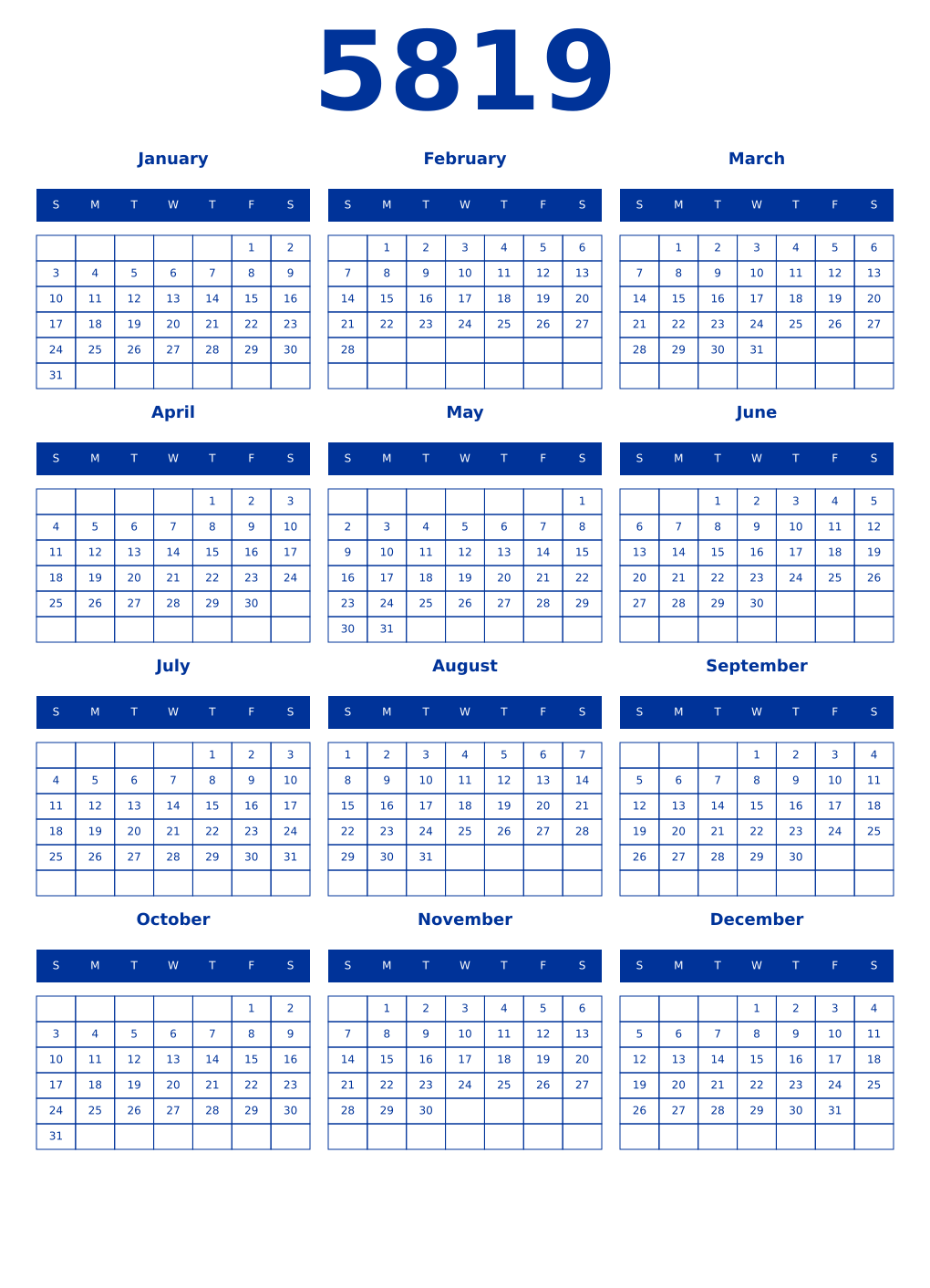 Printable 5819 Year Calendars smalt