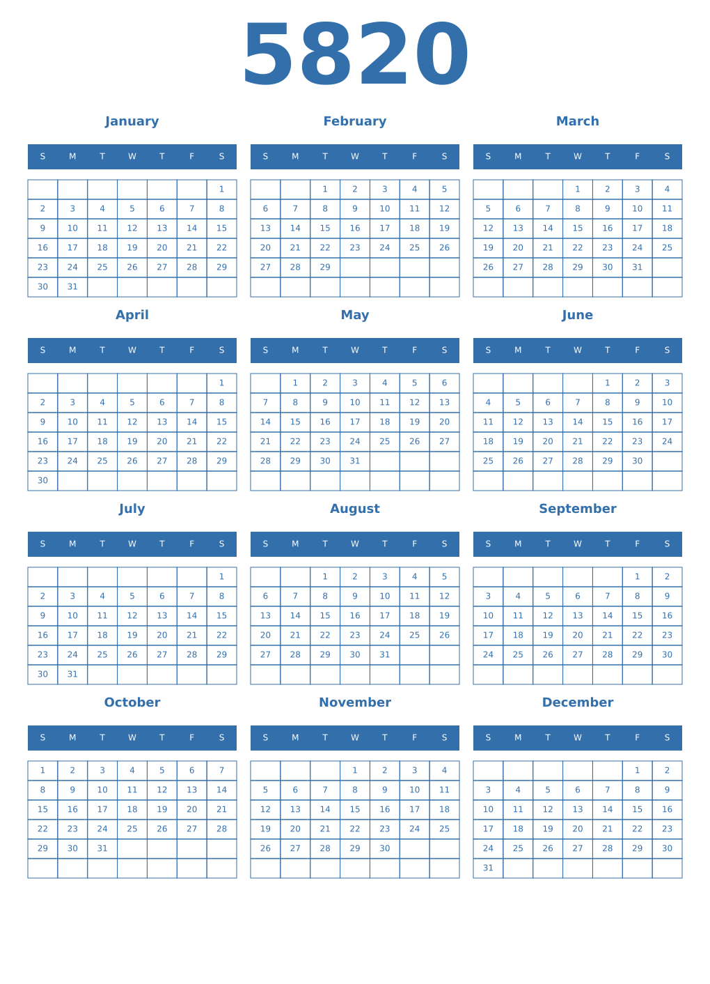 Printable 5820 Year Calendars blue