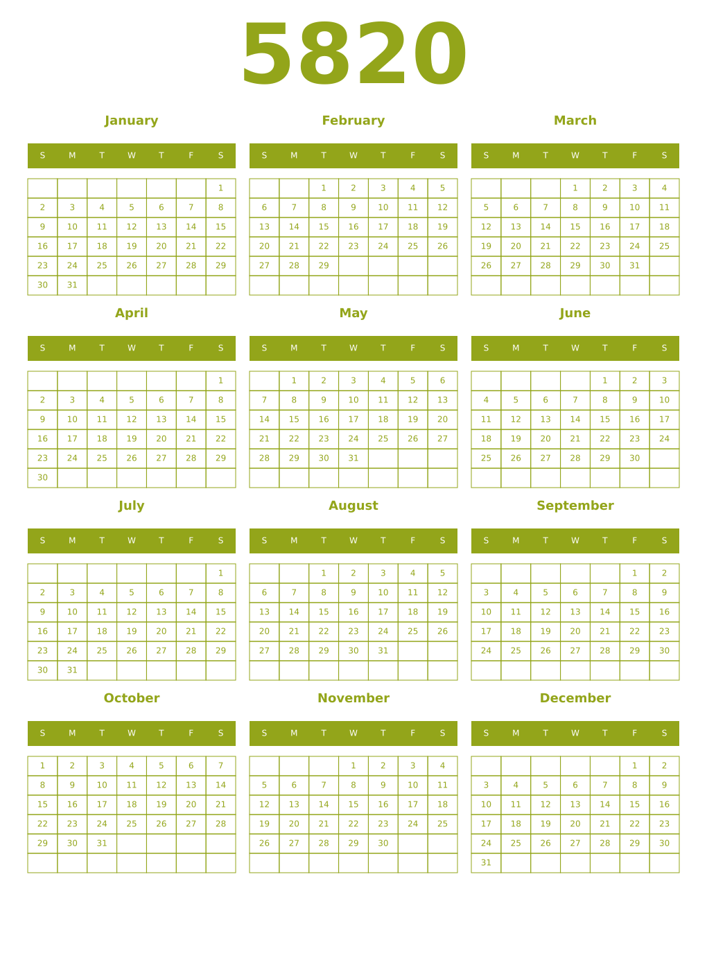 Printable 5820 Year Calendars chartreuse
