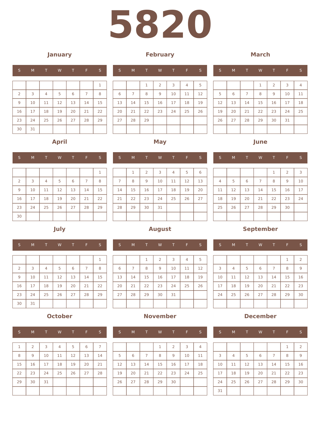 Printable 5820 Year Calendars coffe
