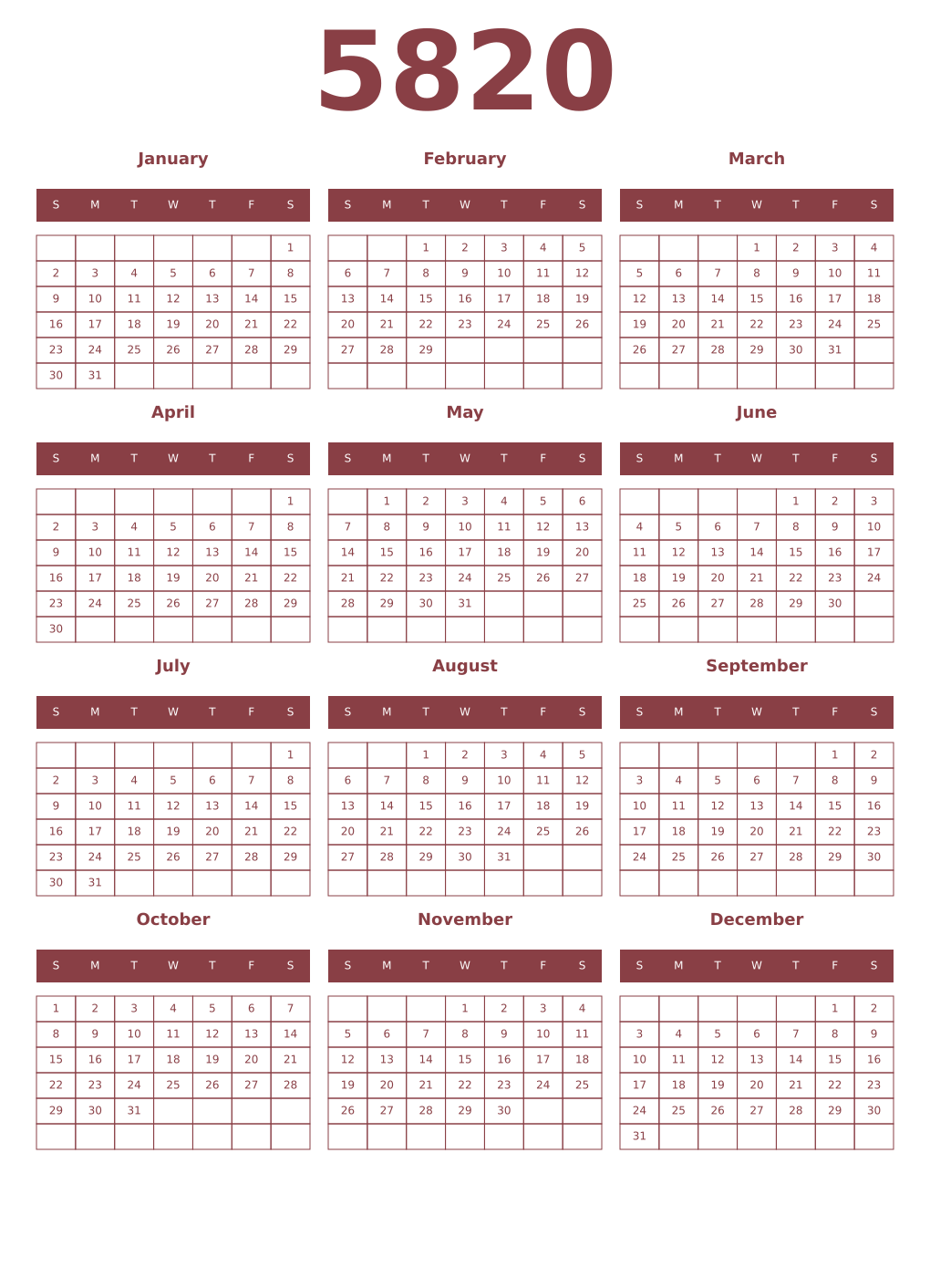 Printable 5820 Year Calendars cordovan