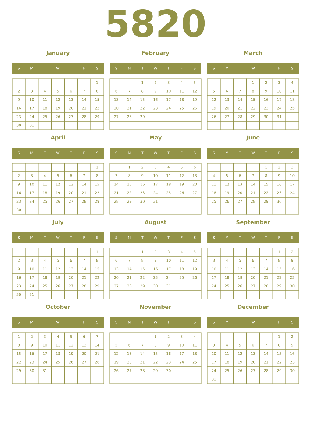 Printable 5820 Year Calendars eburnean