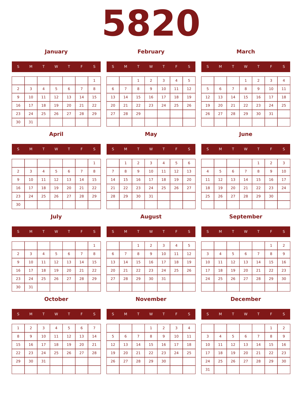 Printable 5820 Year Calendars falu
