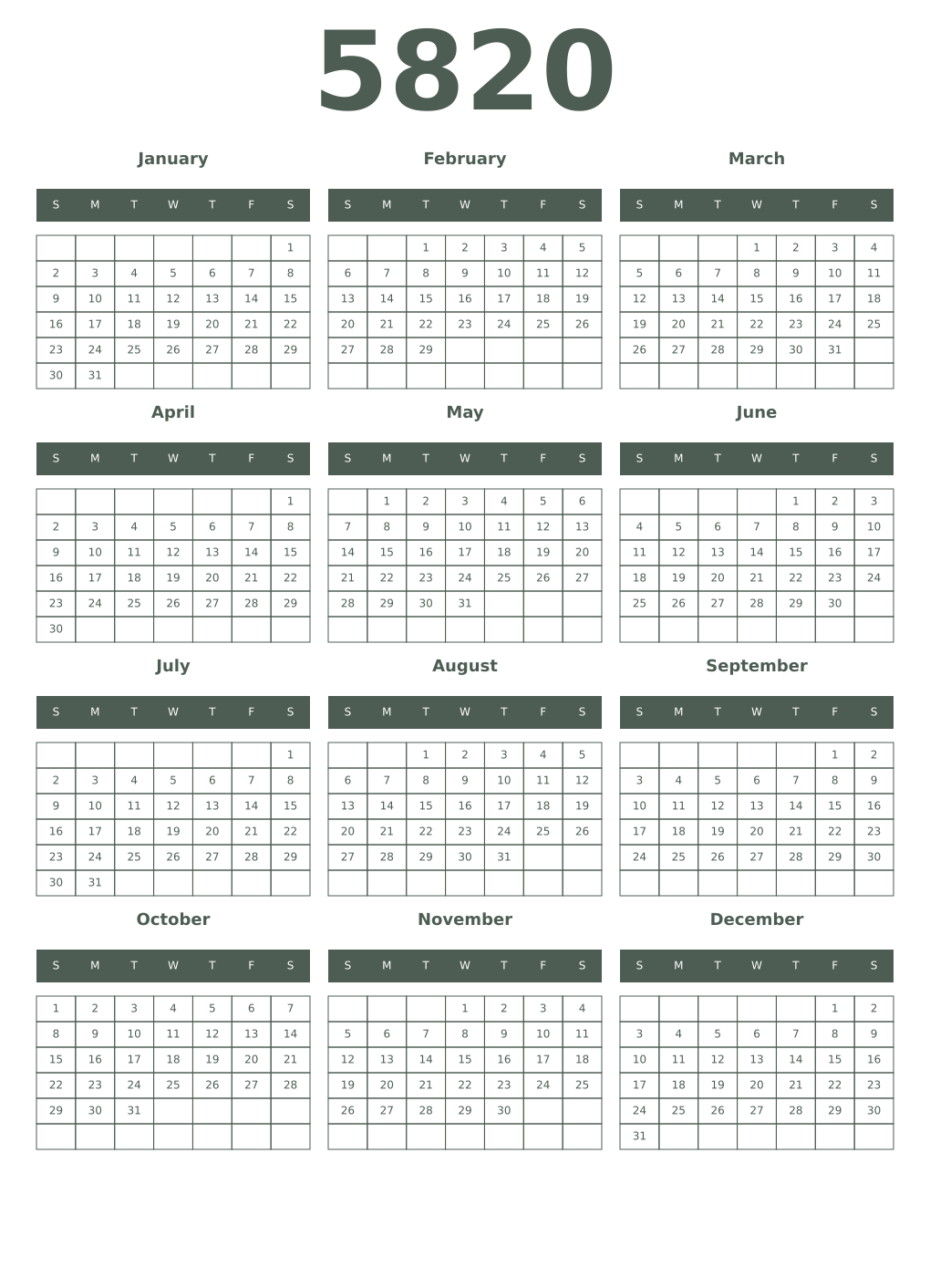 Printable 5820 Year Calendars feldgrau