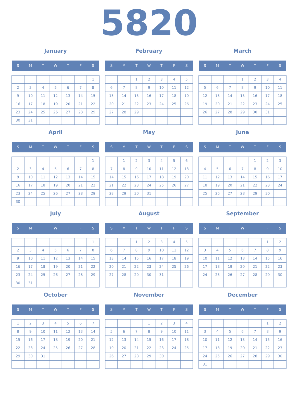 Printable 5820 Year Calendars glaucous