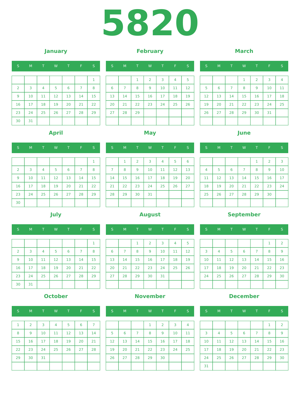 Printable 5820 Year Calendars green