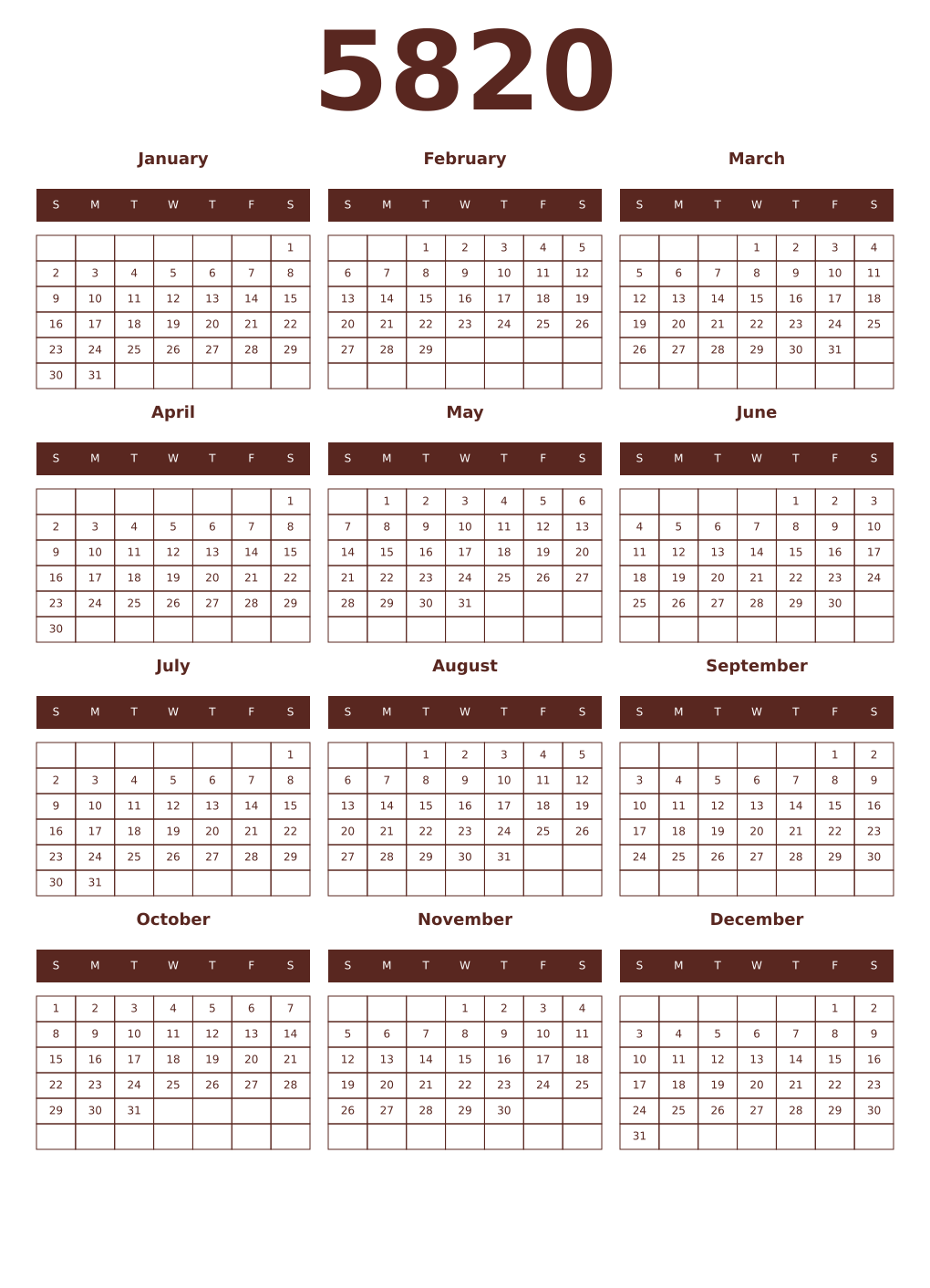 Printable 5820 Year Calendars mortuum