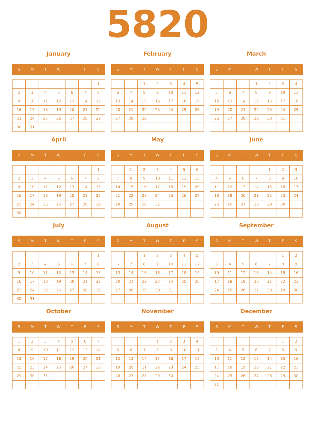 Printable 5820 Year Calendars orange