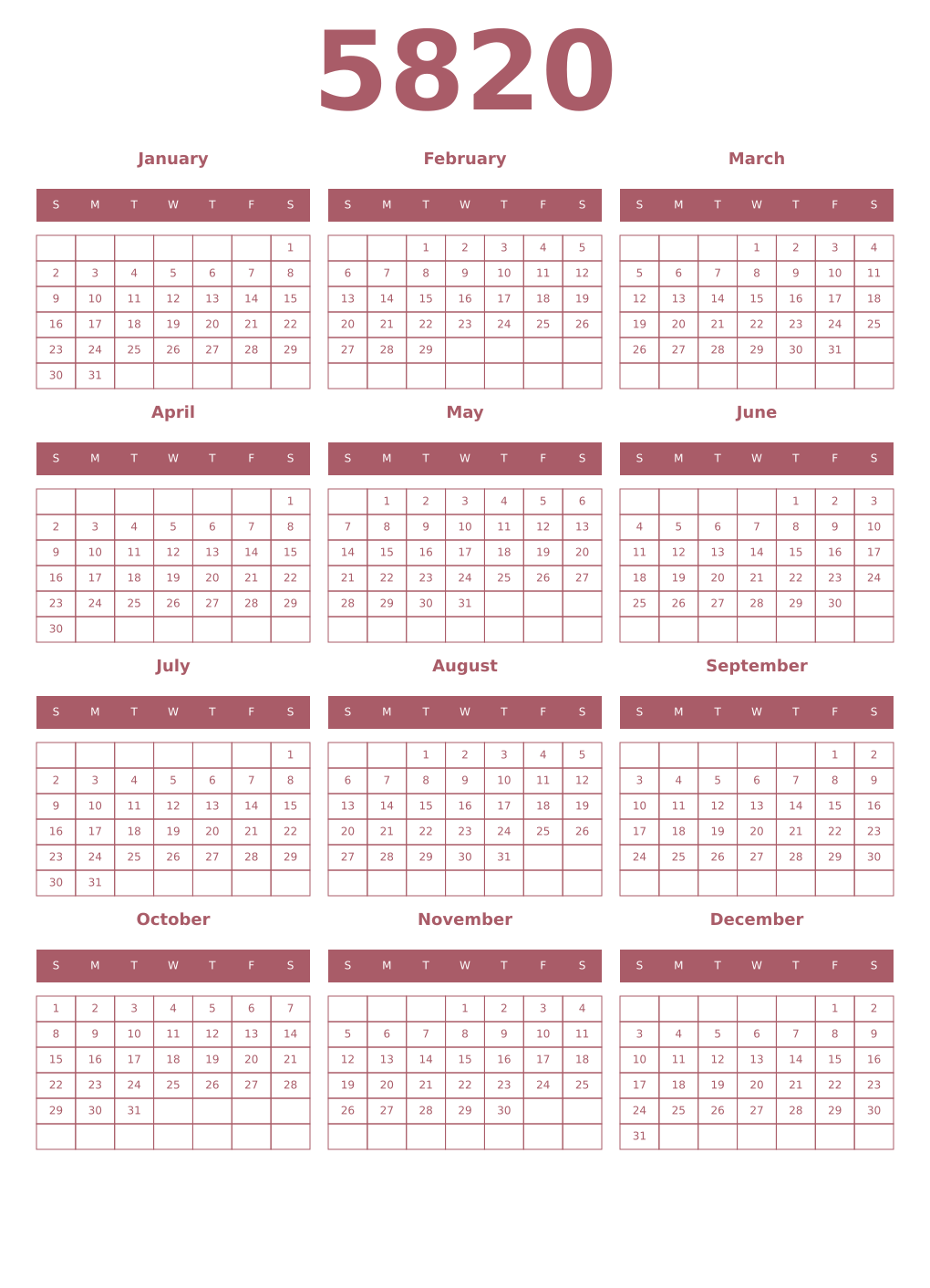 Printable 5820 Year Calendars puce