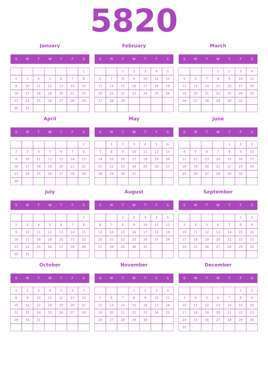 Printable 5820 Year Calendars purple