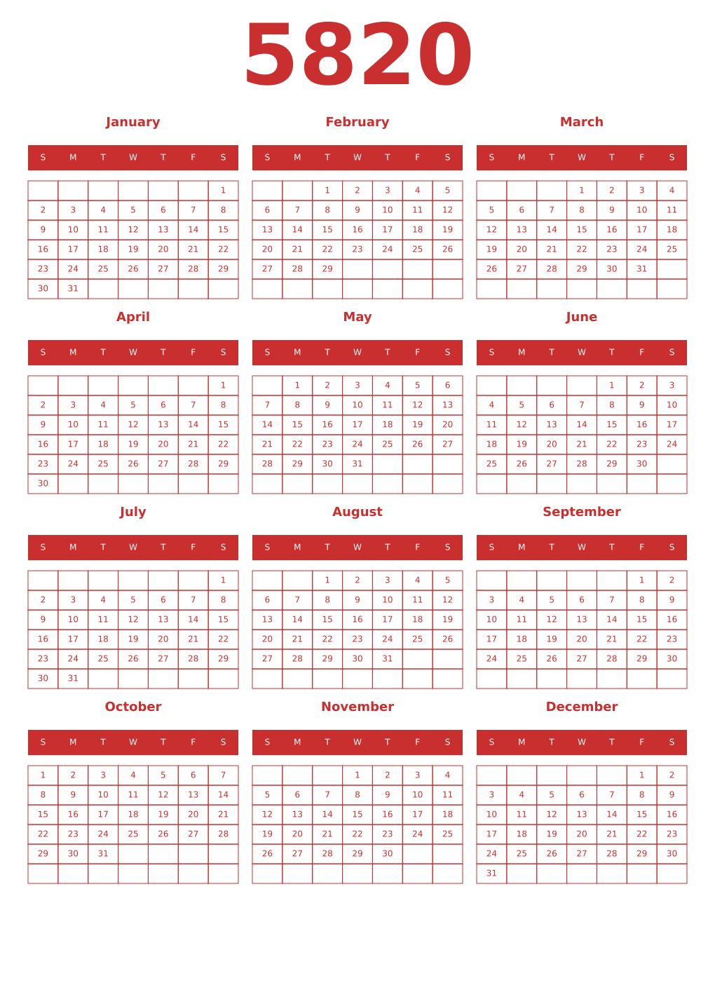 Printable 5820 Year Calendars red