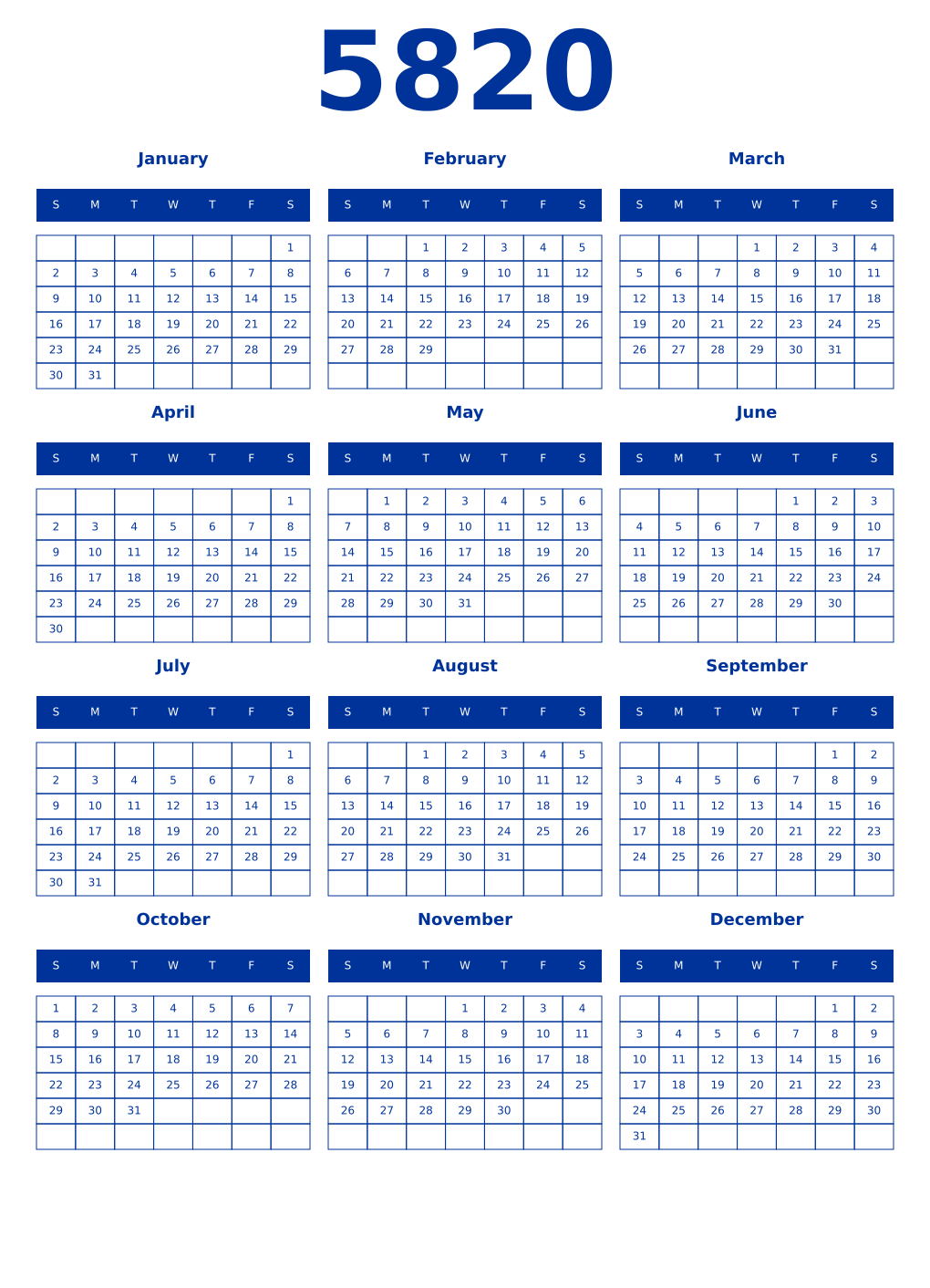 Printable 5820 Year Calendars smalt