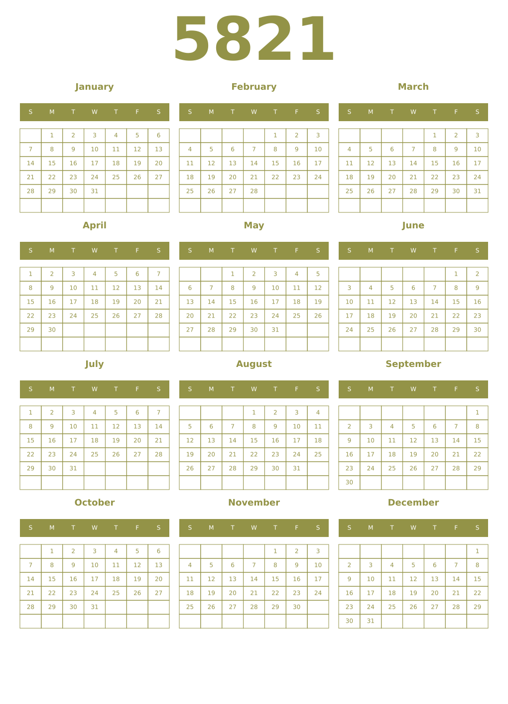 Printable 5821 Year Calendars eburnean