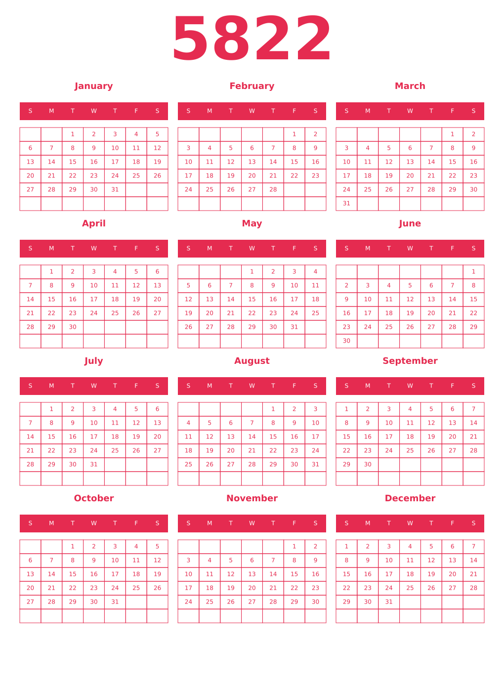Printable 5822 Year Calendars amaranth