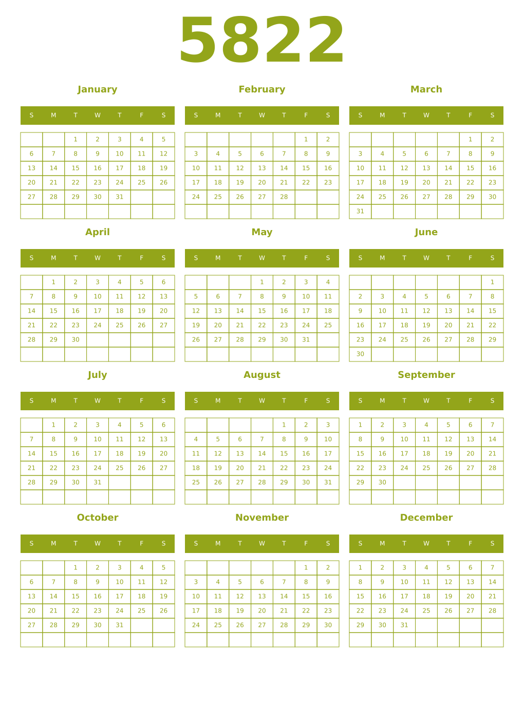 Printable 5822 Year Calendars chartreuse