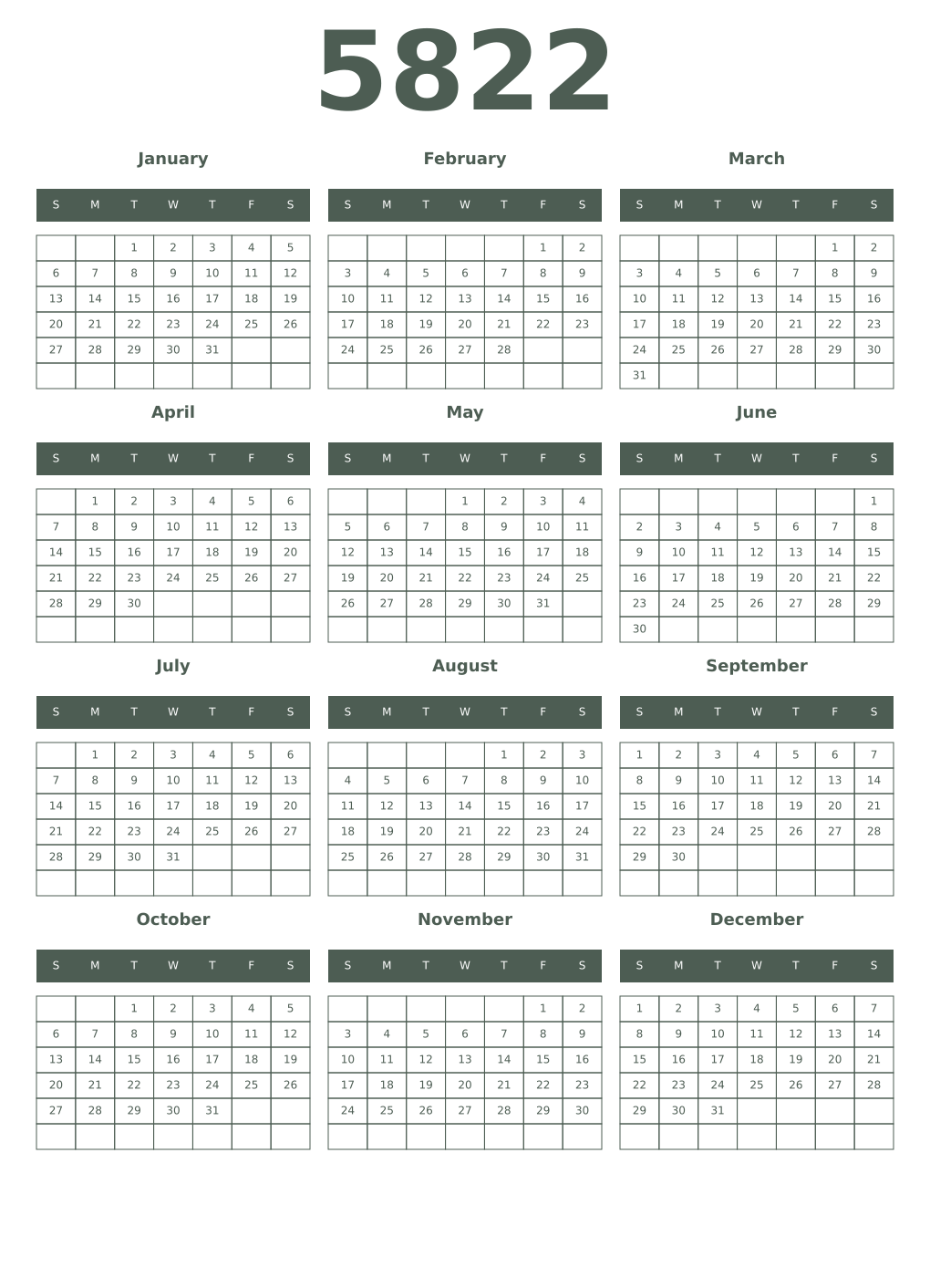 Printable 5822 Year Calendars feldgrau