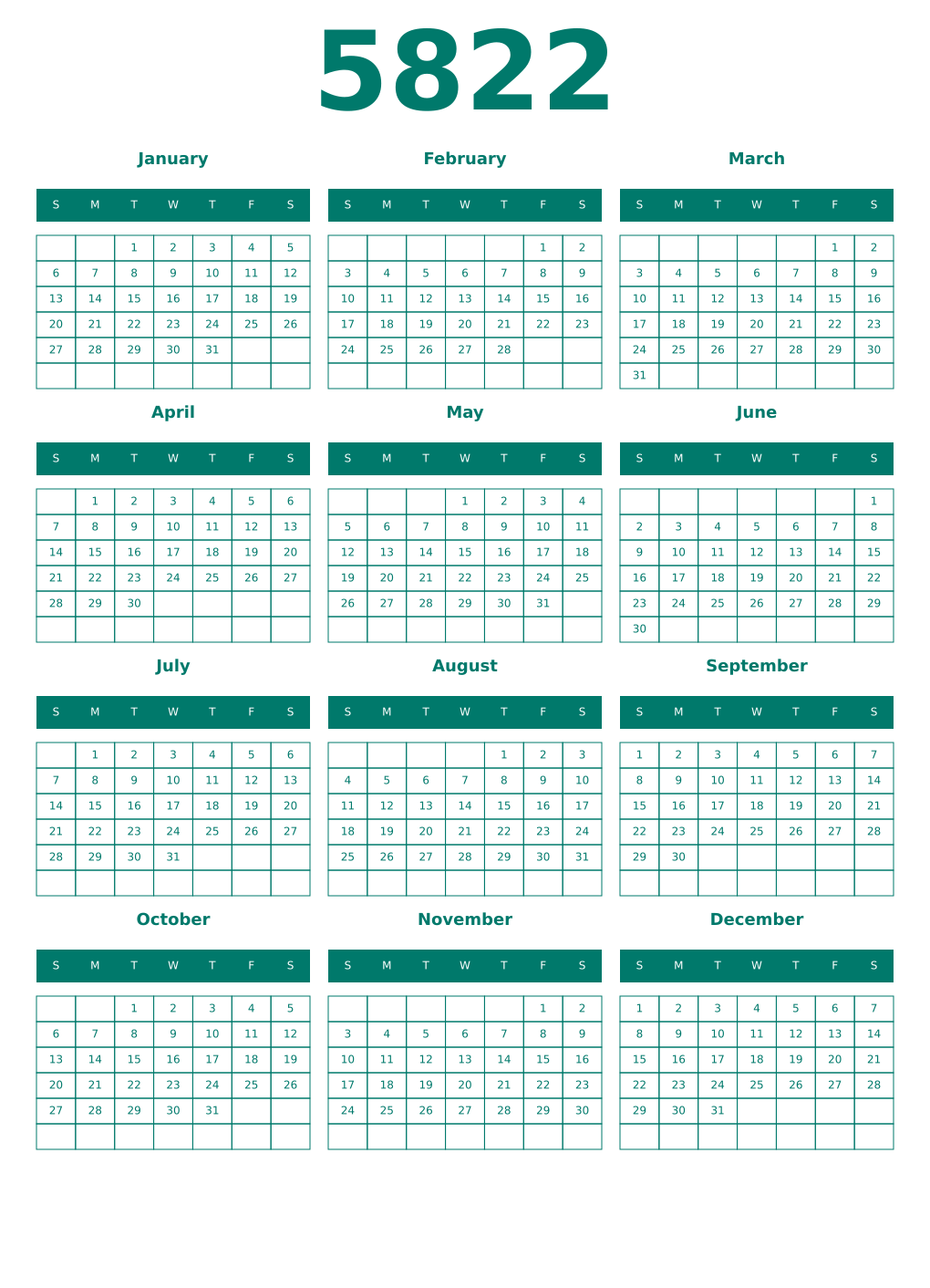 Printable 5822 Year Calendars pastel